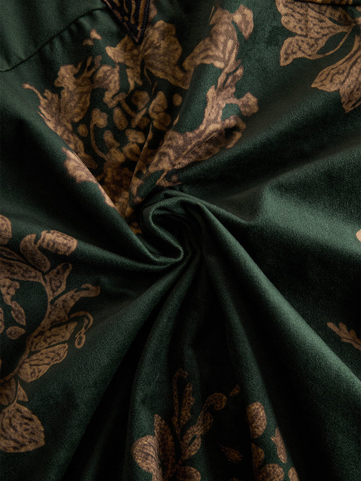 Willow | Retro Silhouette Printed Green Faux Suede Tassel Maxi Dress