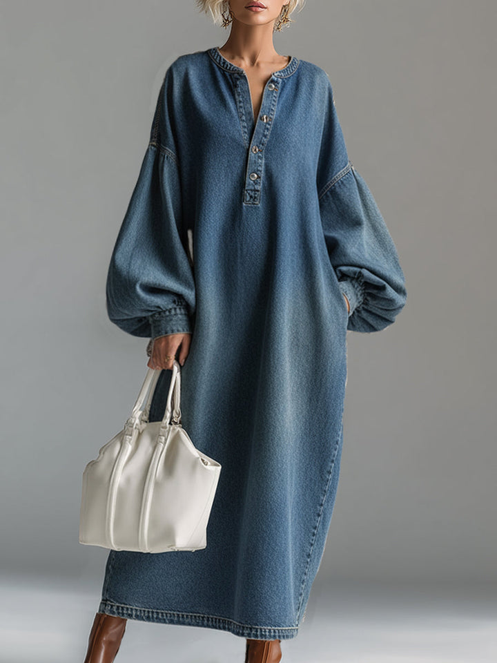 Madison | Elegant Urban-style Blue Denim Button-down Maxi Dress