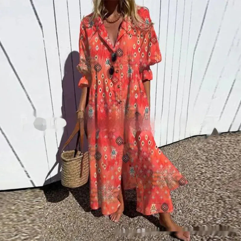 Jacqueline | Women’s Maxi Dress with V-Neck and Circle Print