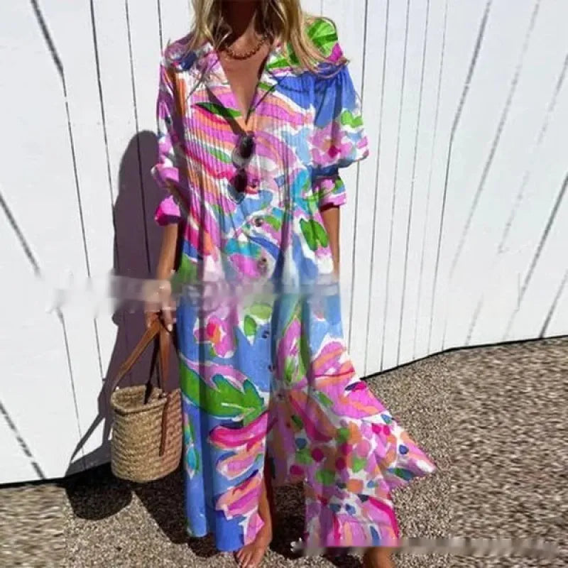 Jacqueline | Women’s Maxi Dress with V-Neck and Circle Print