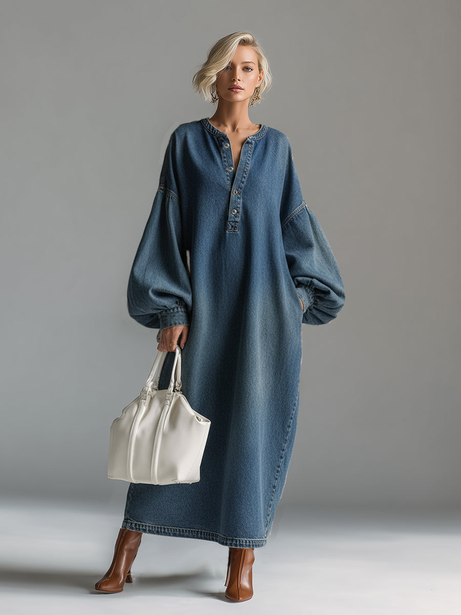 Madison | Elegant Urban-style Blue Denim Button-down Maxi Dress
