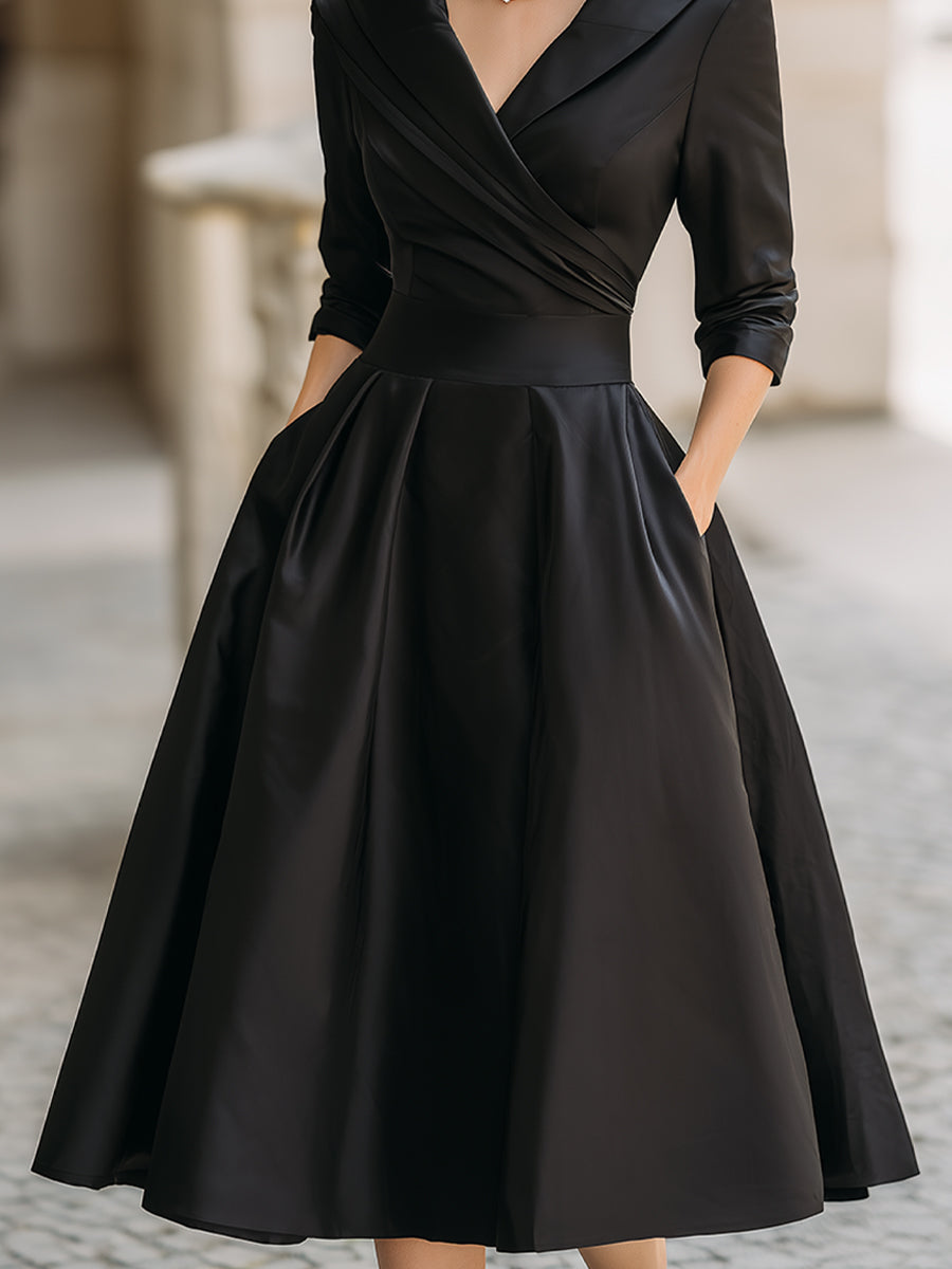 Beatrice | Women´s Retro Satin Midi Dress Featuring a Draped Collar