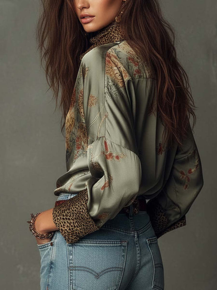 Satin Floral Button-Down Shirt With Leopard Trim