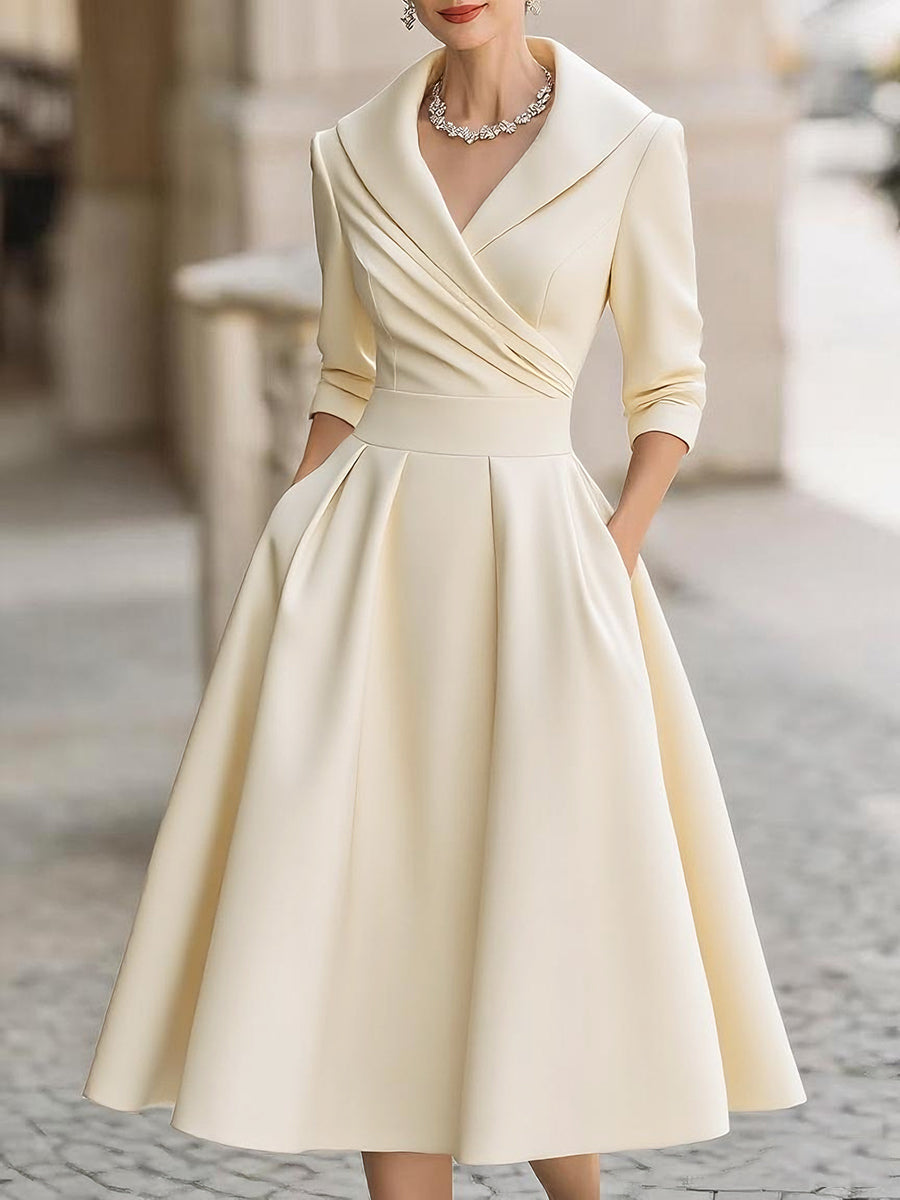 Beatrice | Women´s Retro Satin Midi Dress Featuring a Draped Collar
