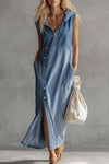 Delaney | Exquisite Vintage Casual Hooded V-neck Zipper Side Slits Buttons Blue Denim Midi Dress