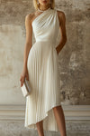 Fiona | Elegant Evening Gown White Pleated Sleeveless Midi Dress