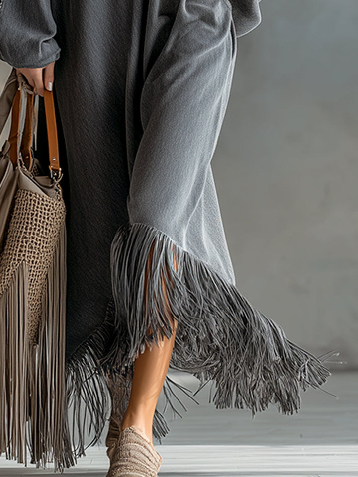 Isadora | Elegant Silhouette Grey Denim Tassel Long Sleeve Maxi Dress