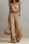 Sage | Tan Cotton Linen Halter Neck Smocked Waist Wide Leg Jumpsuit