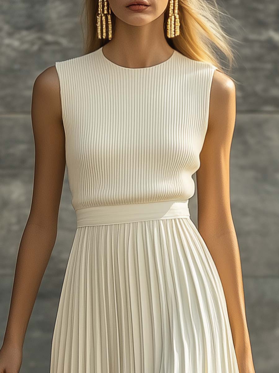 Lily | Elegant Casual And Comfortable Cream Knitted Chiffon Pleated Hem Maxi Dress