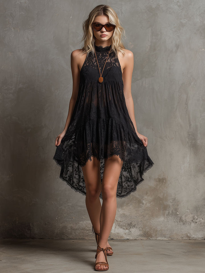 Seraphina | Bohemian Resort Black Lace Sleeveless A-line Mini Dress