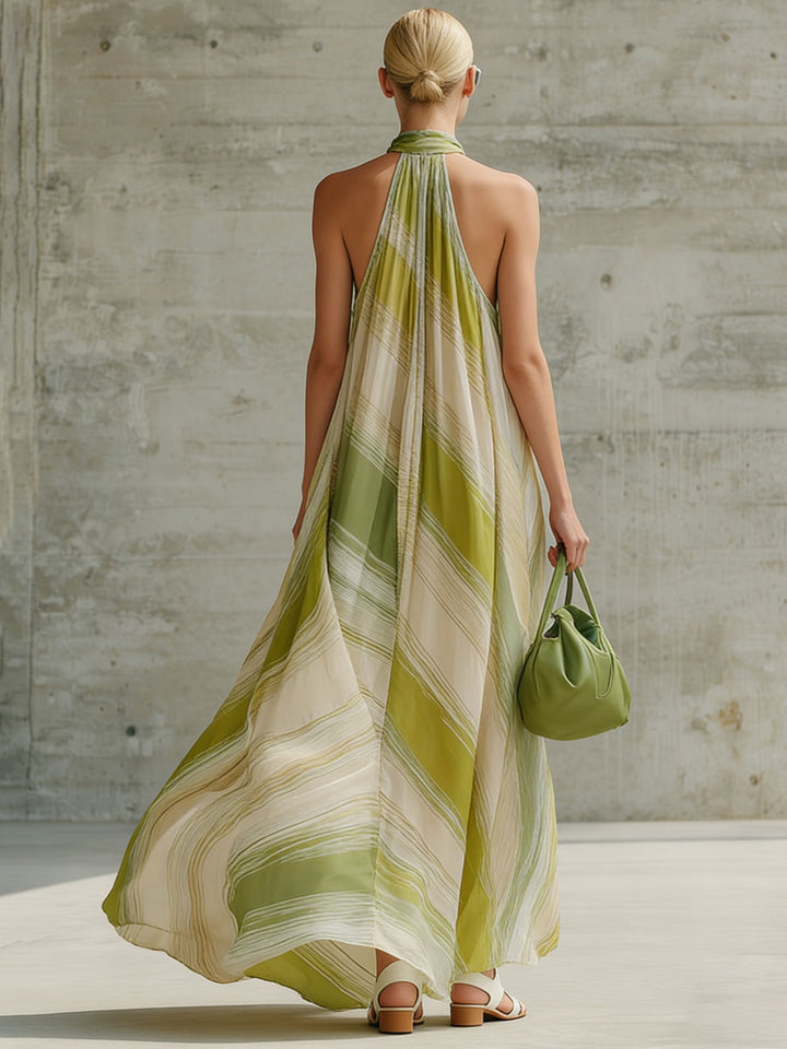 Coralie | Fashionable Vacation Retro Striped Light Green Chiffon Sleeveless Maxi Dress