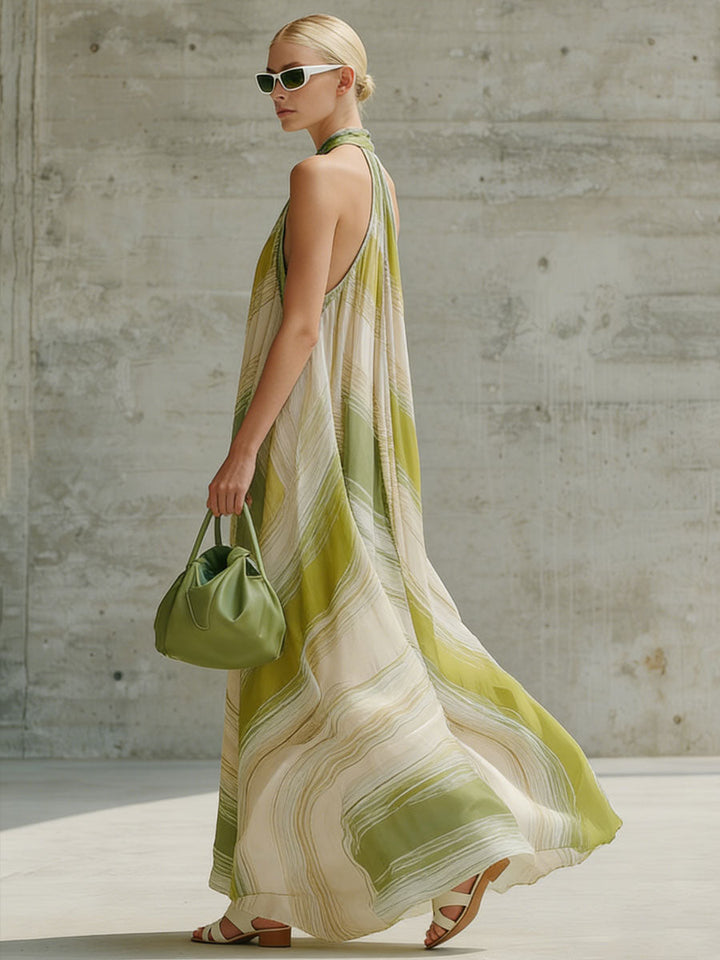 Coralie | Fashionable Vacation Retro Striped Light Green Chiffon Sleeveless Maxi Dress