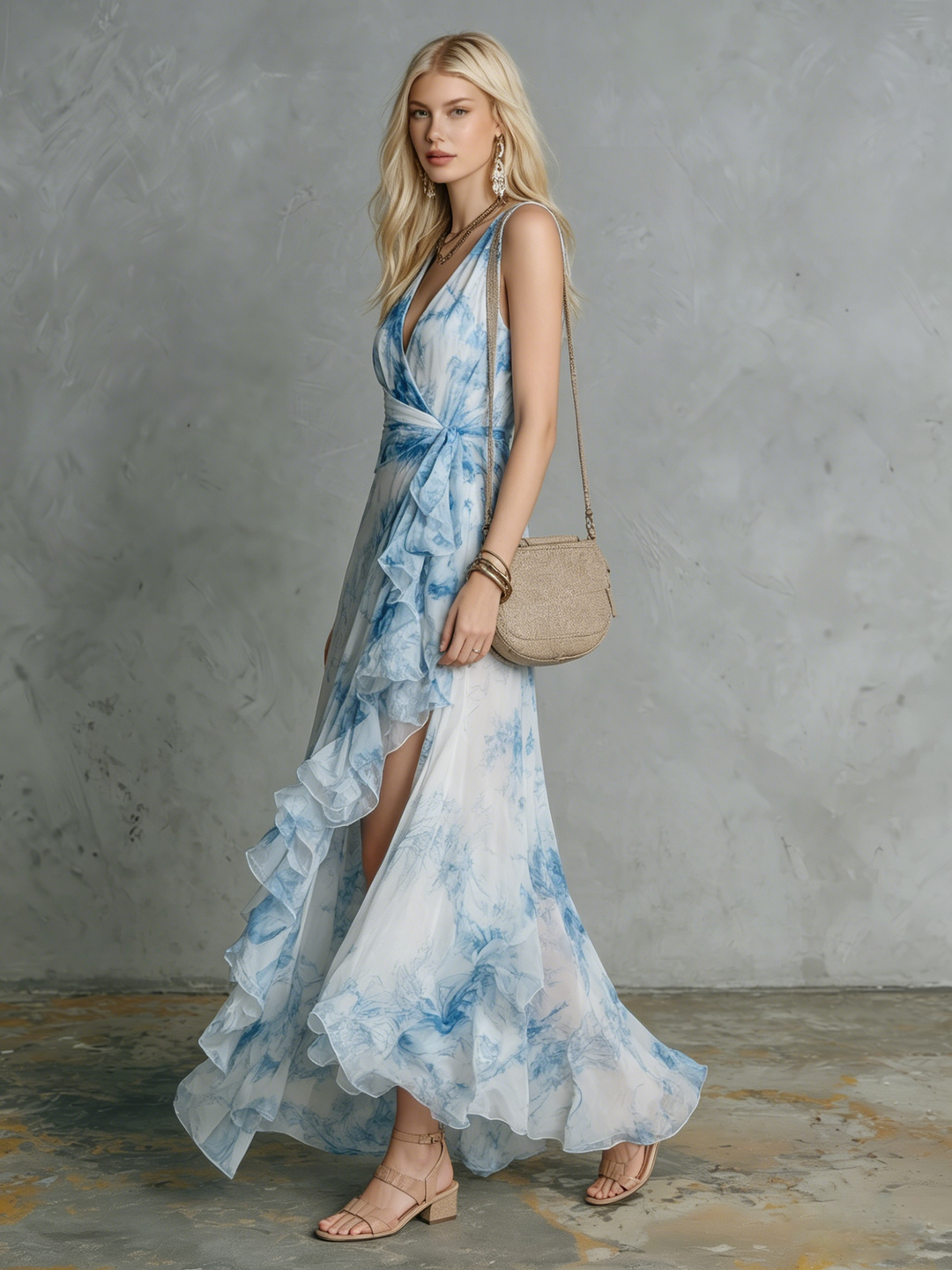 Marielle | Stylish And Elegant V-neck Ruffled Slit Printed Chiffon Maxi Dress