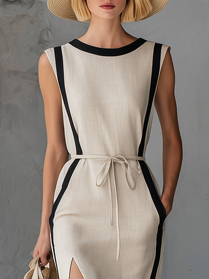 Margaux | Fashionable Retro Black-trimmed Off-white Sleeveless Round Neck Midi Dress
