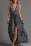 Evadine | Retro Bohemian Teal Floral Printed Chiffon Sleeveless Maxi Dress