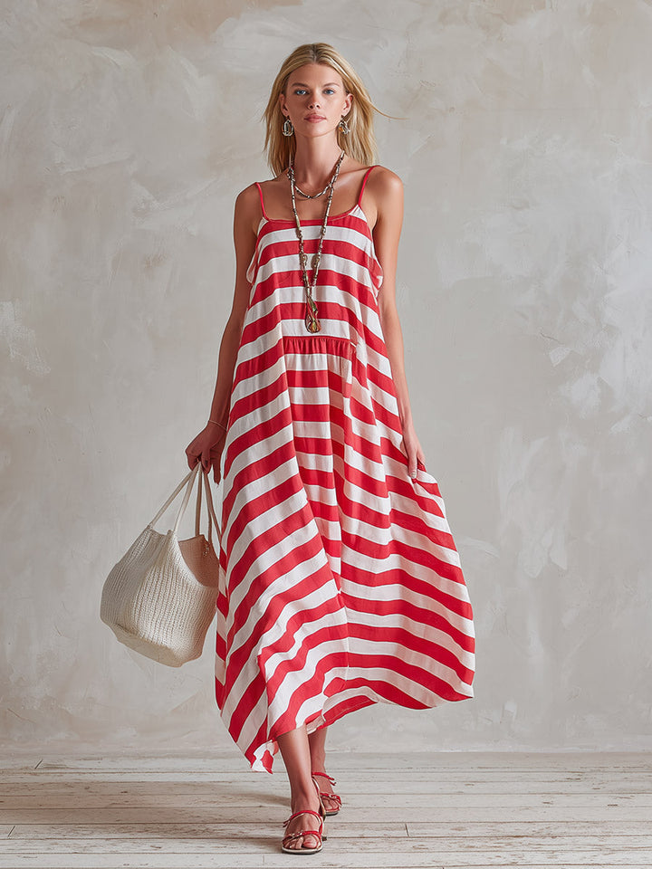 Scarlett | Chic &amp; Casual Red-Striped Spaghetti-Strap Sleeveless Maxi Dress