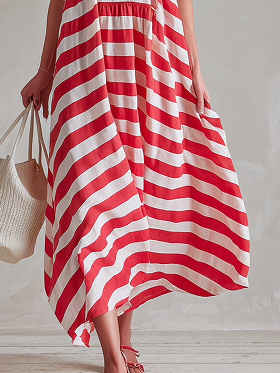 Scarlett | Chic &amp; Casual Red-Striped Spaghetti-Strap Sleeveless Maxi Dress
