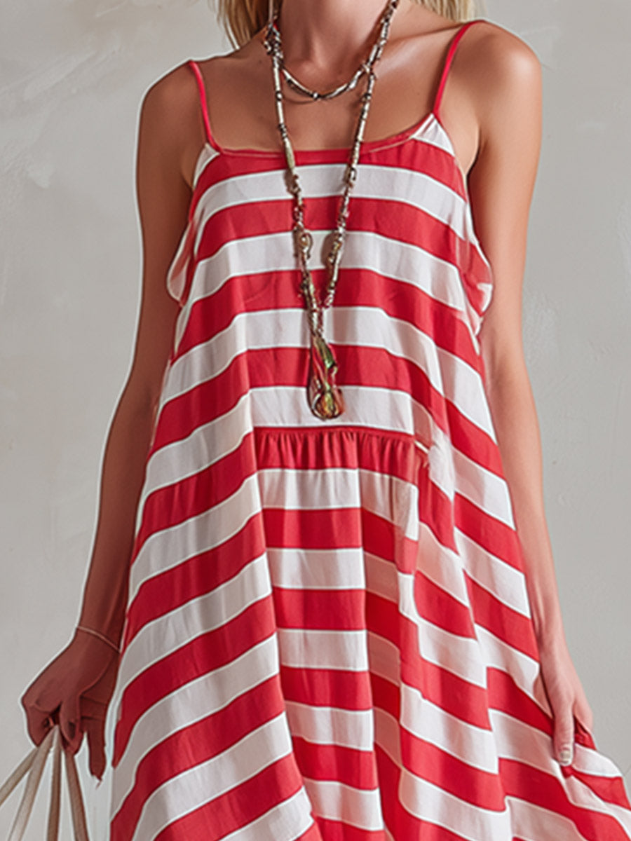 Scarlett | Chic &amp; Casual Red-Striped Spaghetti-Strap Sleeveless Maxi Dress