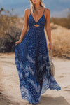 Azalea | Bohemian Vacation-Style Flowy V-Neck Printed Dark Blue Chiffon Maxi Dress