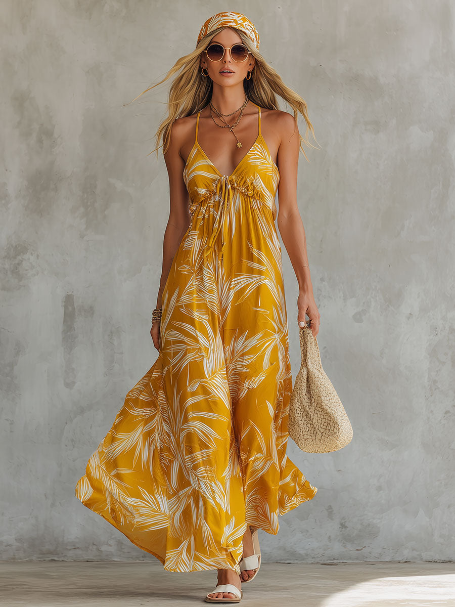 Zinnia | Fashionable Retro Printed Yellow Sleeveless V-neck Chiffon Maxi Dress