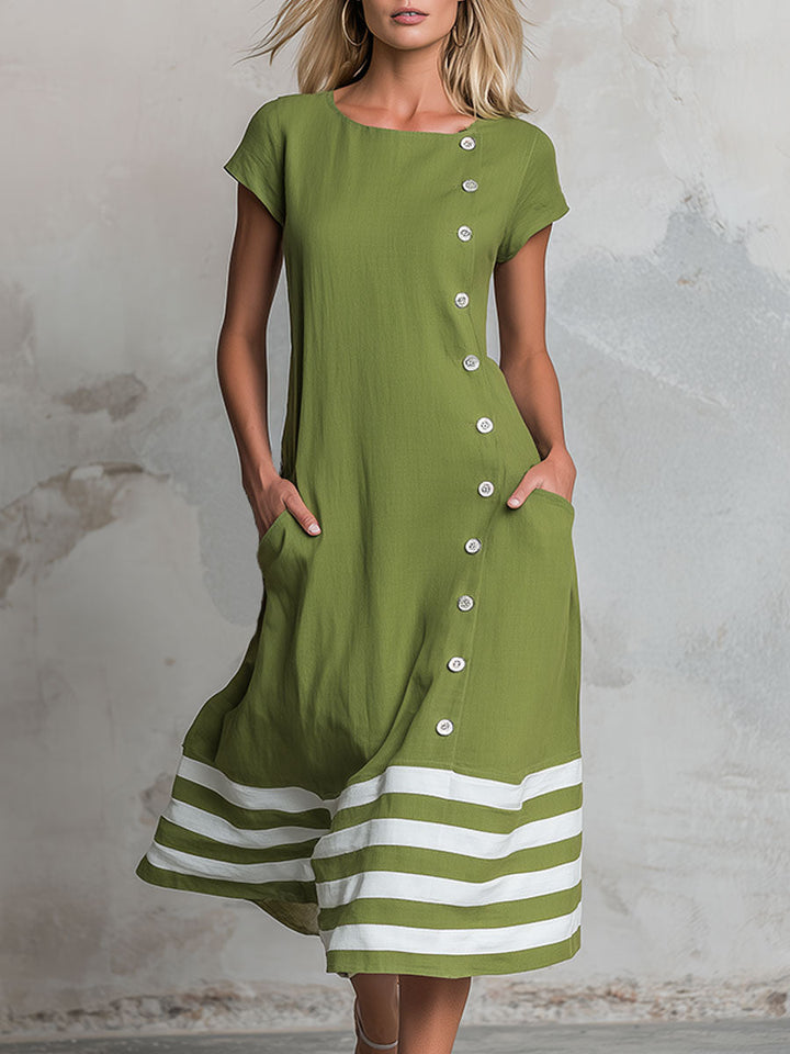 Sadie | Casual Retro Color-blocked Striped Green Round Neck Short-sleeved Cotton Linen Midi Dress