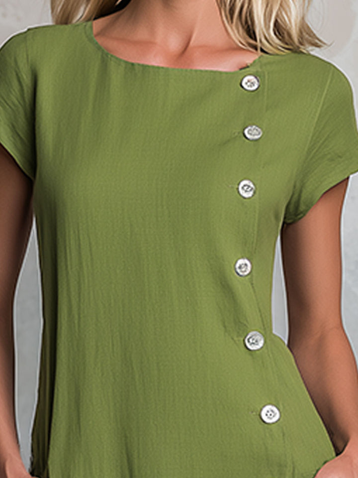 Sadie | Casual Retro Color-blocked Striped Green Round Neck Short-sleeved Cotton Linen Midi Dress