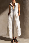 Emmeline | Casual Retro Striped Ribbon White Cotton Linen Sleeveless Midi Dress