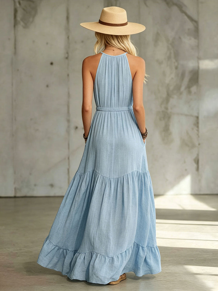 Maren | Blue Cotton And Linen Sleeveless Maxi Dress