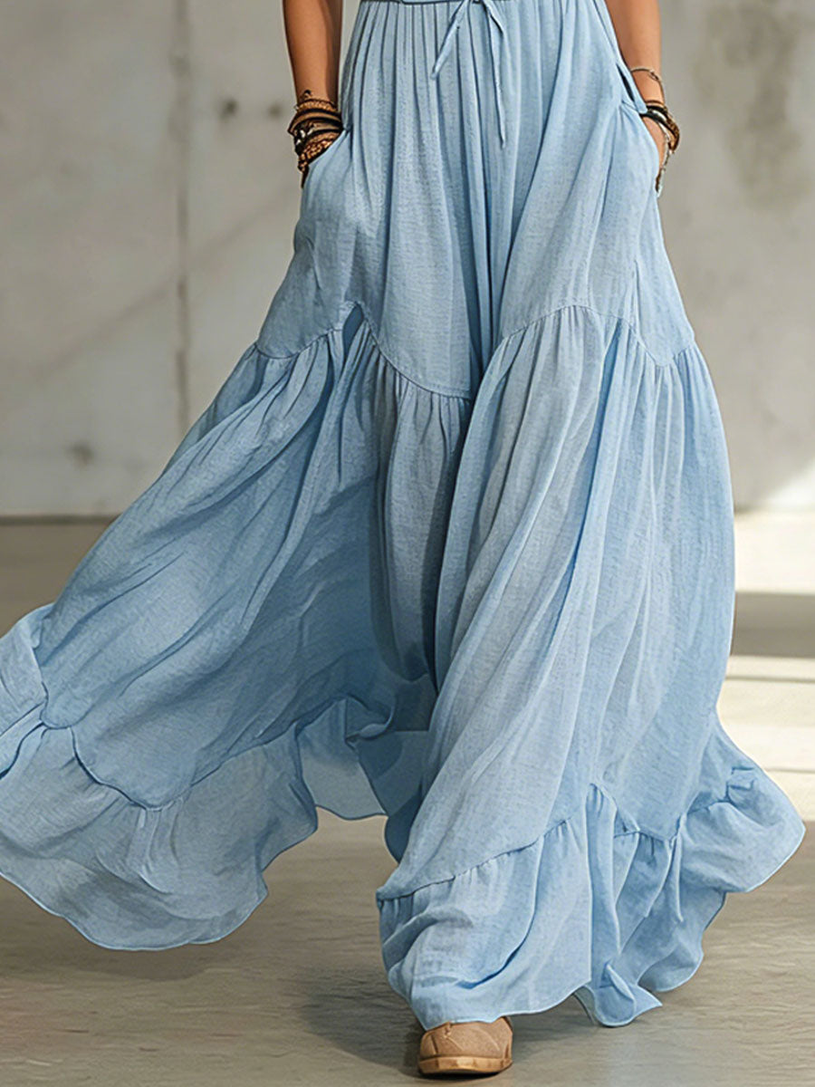 Maren | Blue Cotton And Linen Sleeveless Maxi Dress