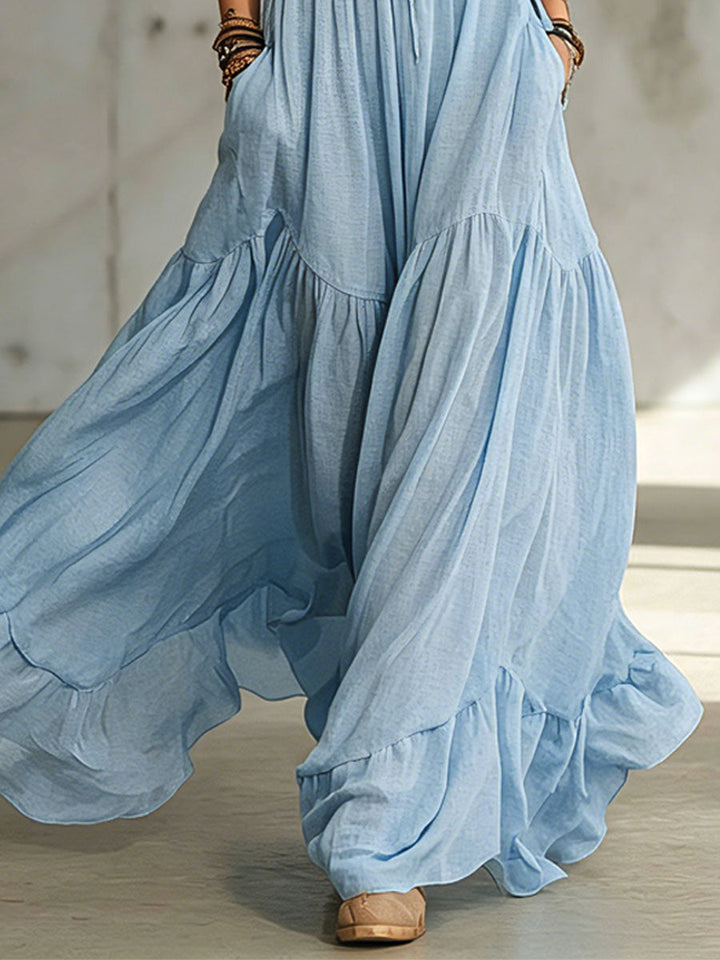 Maren | Blue Cotton And Linen Sleeveless Maxi Dress