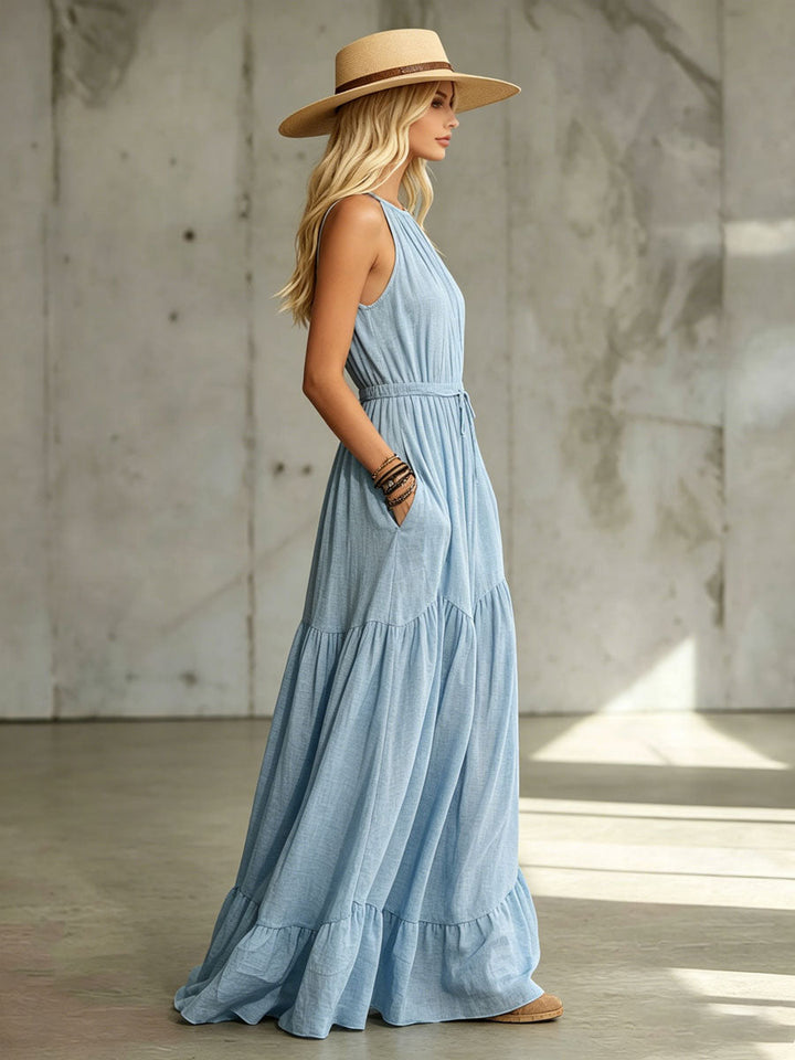 Maren | Blue Cotton And Linen Sleeveless Maxi Dress