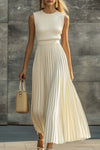 Lily | Elegant Casual And Comfortable Cream Knitted Chiffon Pleated Hem Maxi Dress