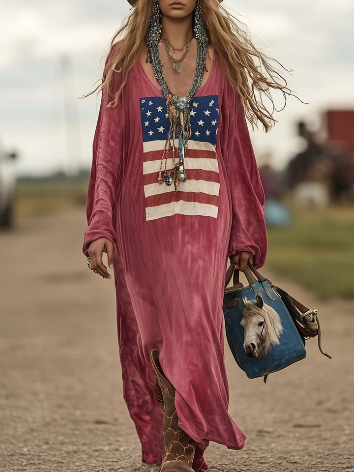 Daisy | Vintage Casual Western Long Sleeve Flag Print Pink Cotton Loose Maxi Dress