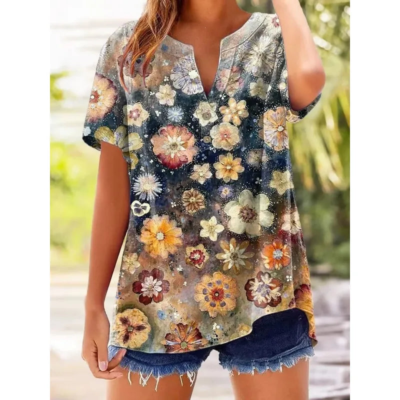 Lorelei | Women’s Printed Blouse with Split Neckline and Buttons