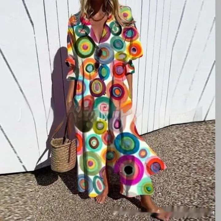 Jacqueline | Women’s Maxi Dress with V-Neck and Circle Print