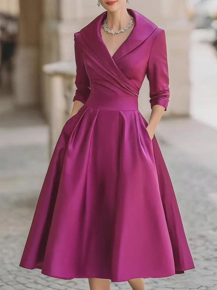 Beatrice | Women´s Retro Satin Midi Dress Featuring a Draped Collar