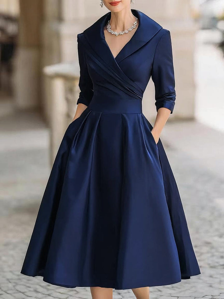Beatrice | Women´s Retro Satin Midi Dress Featuring a Draped Collar