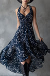 Retro Classic Floral Print Navy Blue Chiffon Sleeveless Maxi Dress