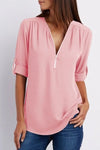 Rosalie | Zip-Up V-Neck Half Sleeve Blouse