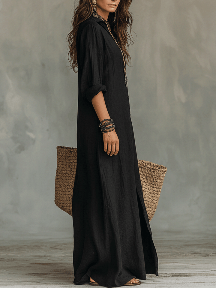 Mary | Bohemian Maxi Dress with Black Button-Front Detail