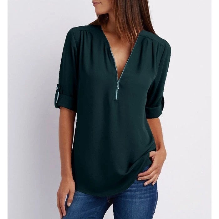 Rosalie | Zip-Up V-Neck Half Sleeve Blouse