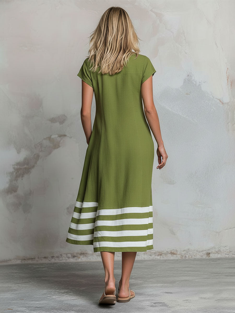 Sadie | Casual Retro Color-blocked Striped Green Round Neck Short-sleeved Cotton Linen Midi Dress