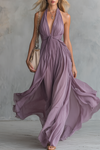 Evelina | Elegant And Stylish Halter Neck V-neck Sleeveless Chiffon Maxi Dress