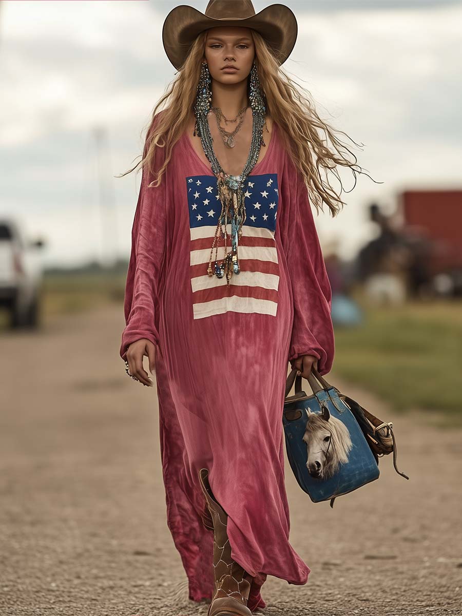 Daisy | Vintage Casual Western Long Sleeve Flag Print Pink Cotton Loose Maxi Dress