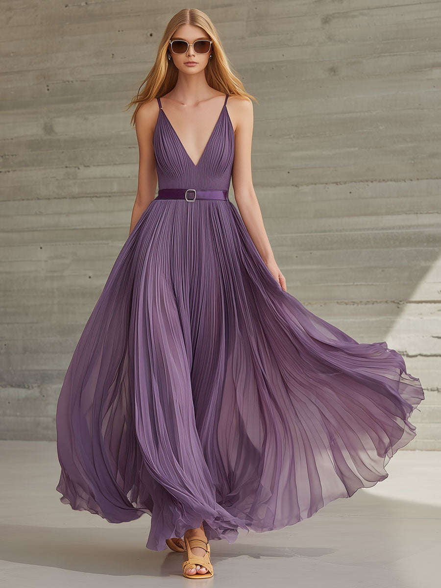 Lilianne | Stylish Vacation Party Retro Purple Chiffon Pleated V-neck Maxi Dress