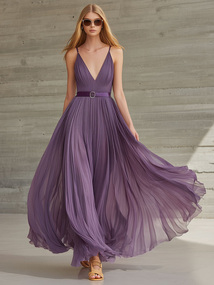 Lilianne | Stylish Vacation Party Retro Purple Chiffon Pleated V-neck Maxi Dress