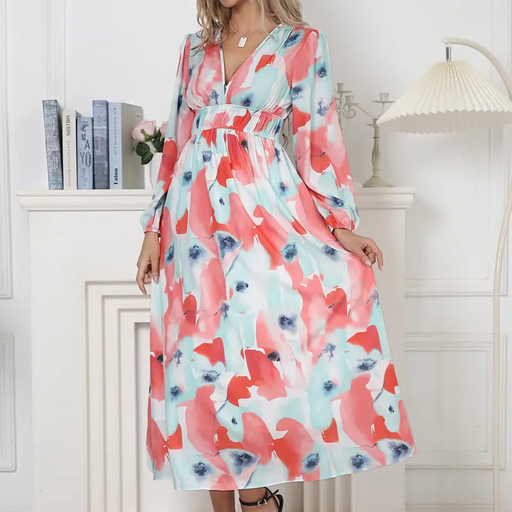 Riley | Women’s Midi Dress with V-Neck and Print