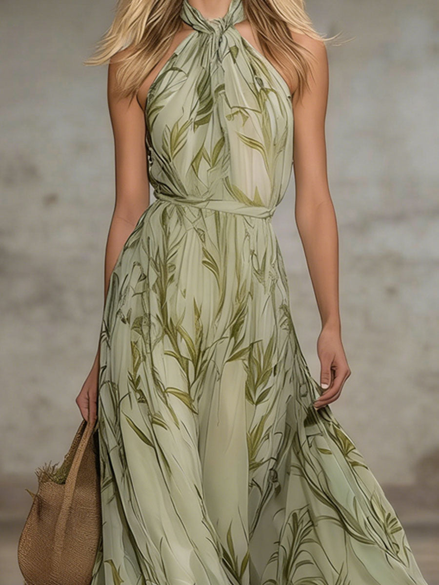 Noelle | Elegant Leaf Print Halter Neck Chiffon Sleeveless Maxi Dress
