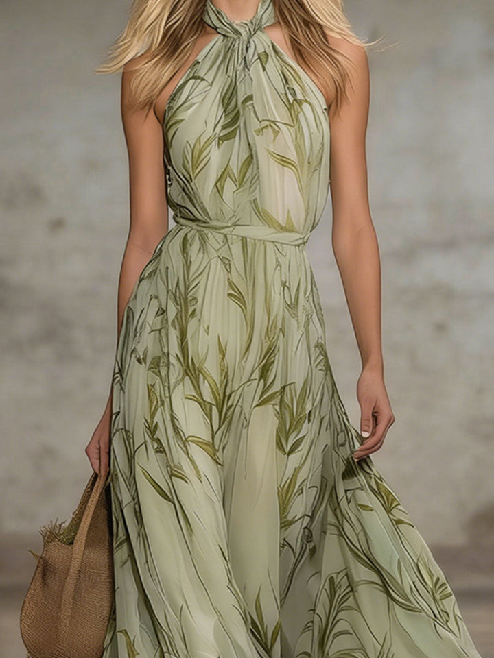Noelle | Elegant Leaf Print Halter Neck Chiffon Sleeveless Maxi Dress