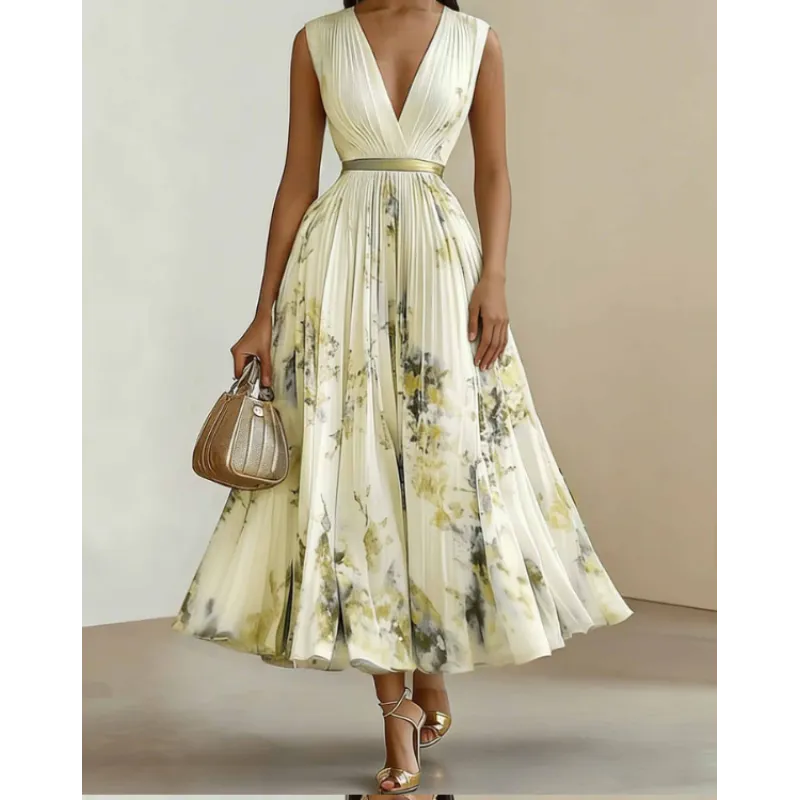 Maureen | Women’s Maxi Dress with V-Neck and Pleats